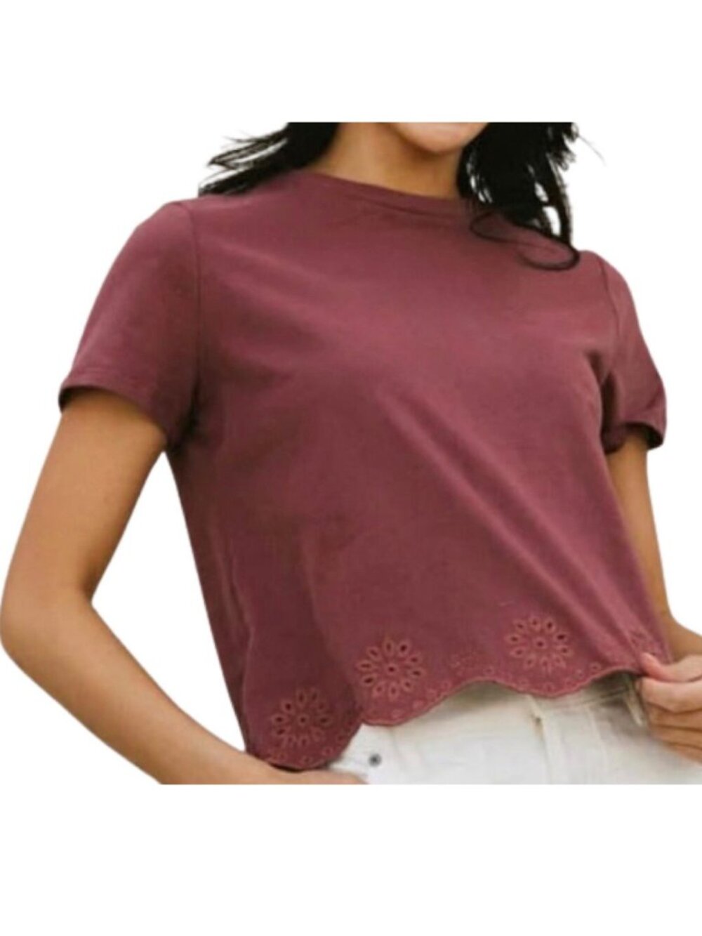 Böhme Eyelet Hem T-Shirt Women Large Burgundy Cotton Scalloped Cottagecore